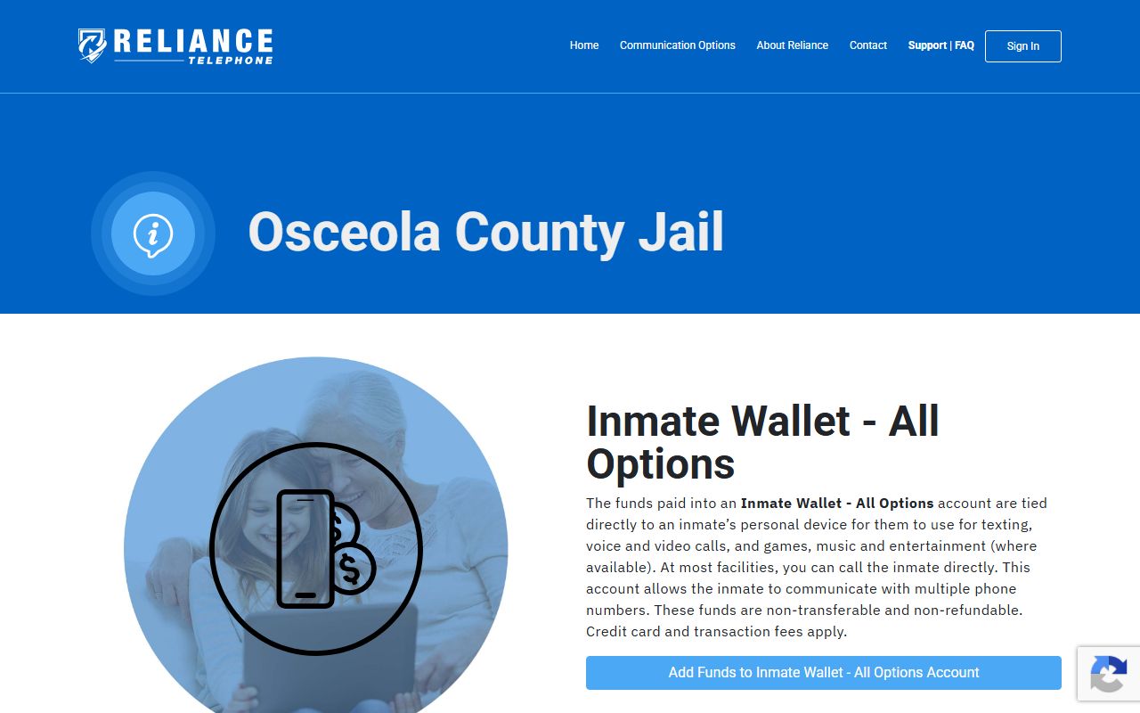 Osceola County Jail Reliance Telephone facility page