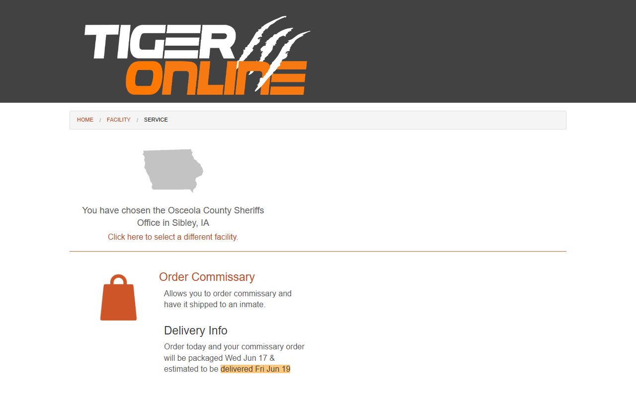 Osceola County Jail Tiger Commissary facility page